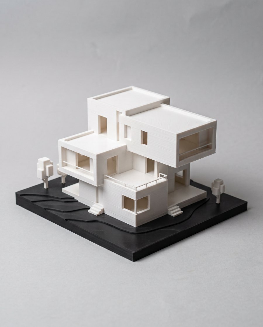 Weißes 3D-gedrucktes Architekturmodell eines modernen Hauses mit Terrassen und Bäumen auf schwarzer Geländeplatte